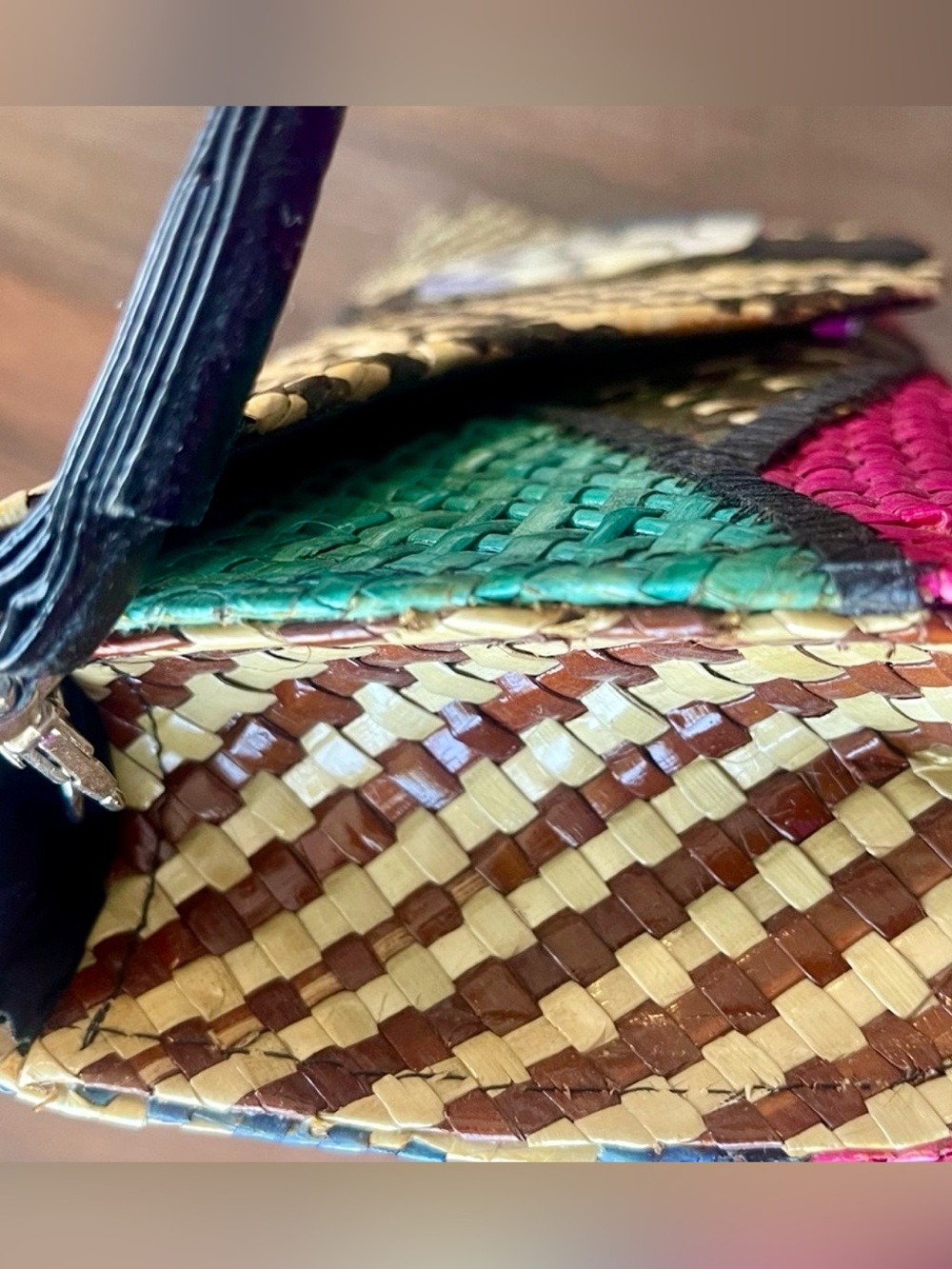 Woven Straw Multicolor Wristlet Clutch with Gem Accent - Picture 7 of 8